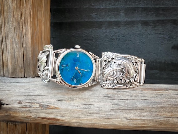 Native American Men's Navajo Sterling Silver Leaf & Scroll Men's Watch Band