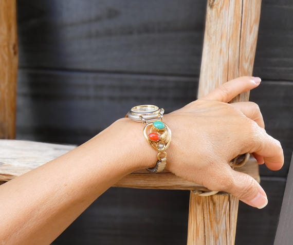 Native American Navajo 12KGF Silver Coral Turquoise Women's Watch