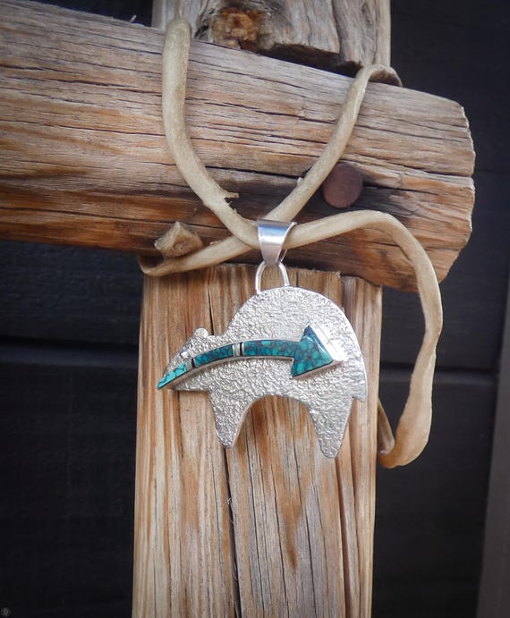 Navajo Turquoise Pendant: Native American Inlay Heartline Bear Fetish Sterling Silver Pendant