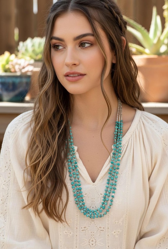 Native American Turquoise 3 Strand Turquoise Bead Necklace, Santo Domingo