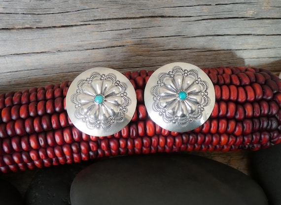 Native American Navajo Sterling Silver Turquoise Concho Post Reposé Earrings