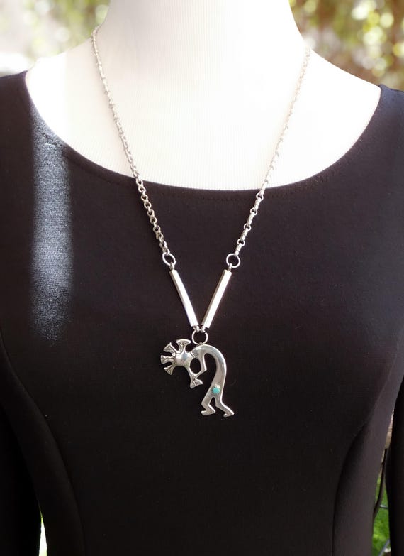 Large Native American Navajo Turquoise 925 Sterling Silver Kokopelli Pendant Necklace, Handmade Gift