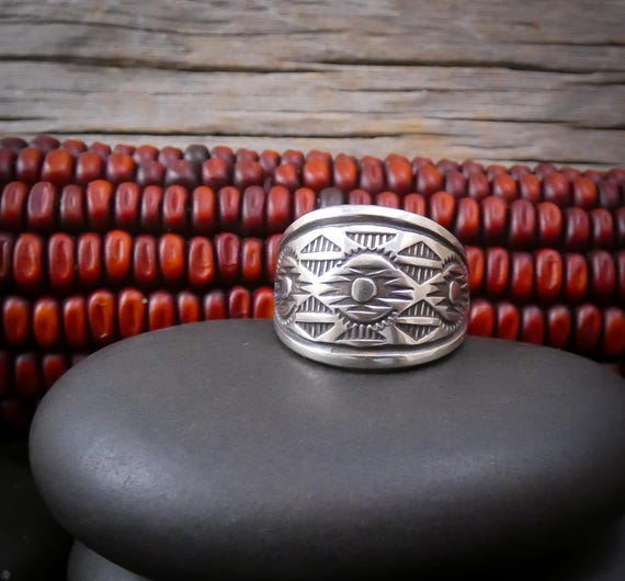 Men's Navajo Silver Geometric Band Ring Size 10.5 Native American, Signed