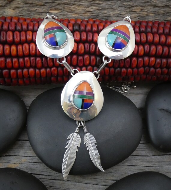 Navajo Turquoise Multi Inlay Feather 925 Sterling Silver Vintage Native American Necklace For Women