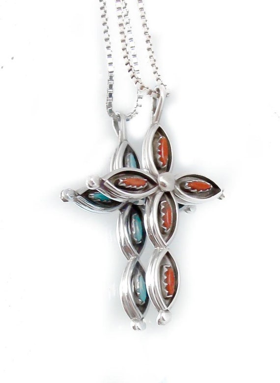 Zuni Silver Turquoise Coral Needlepoint Reversible Cross Pendant, Gift For Christian