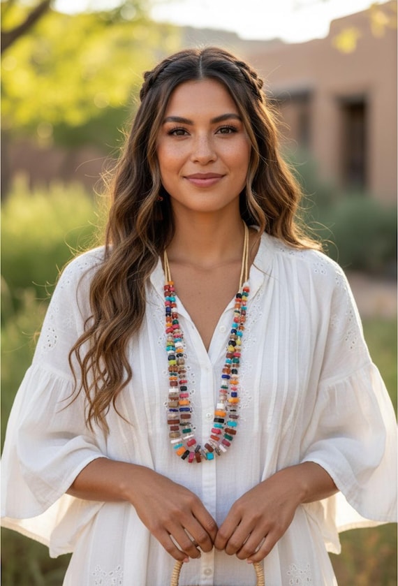 Santo Domingo Turquoise Multi Stone Bead Necklace: Vintage 1 Strand 27.5" Necklace For Women