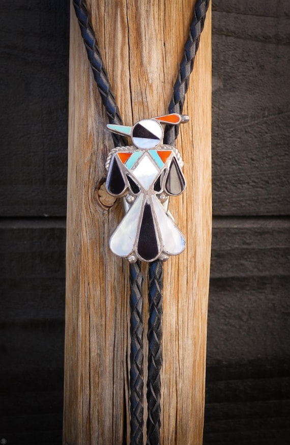 Zuni Thunderbird Bolo Tie: Native American 925 Sterling Silver Turquoise Multi Inlay