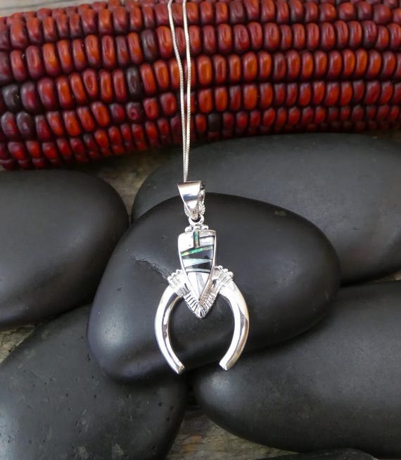 Navajo Naja Pendant Sterling Silver White Buffalo Opal Onyx Inlay Pendant & Chain Gift For Her