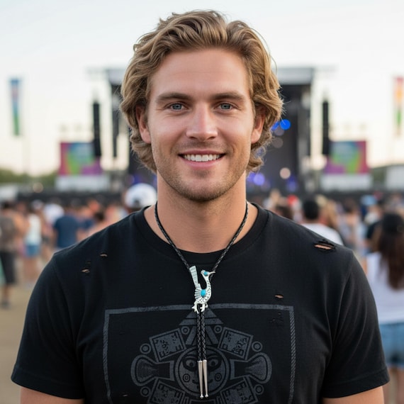 Navajo Turquoise Roadrunner Bolo Tie Native American Sterling Silver Bolo Gift For Him