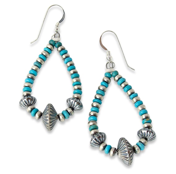 Handmade Jewelry Gifts, Native American Navajo Turquoise Sterling Silver Bead Dangle Earrings