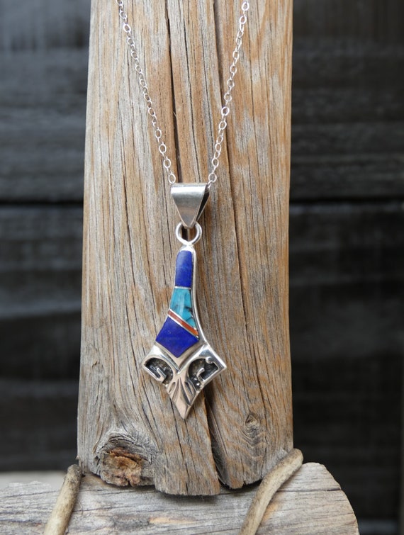 Native American Navajo 925 Sterling Silver Lapis Turquoise Multi Inlay Pendant, Jewelry Gift For Her