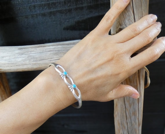 Native American Navajo Sterling Silver Turquoise Sandcast Bracelet, Gift For Her, Made in USA