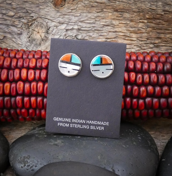 Zuni Vintage Sterling Silver Turquoise Multi Inlay Sunface Post Earrings