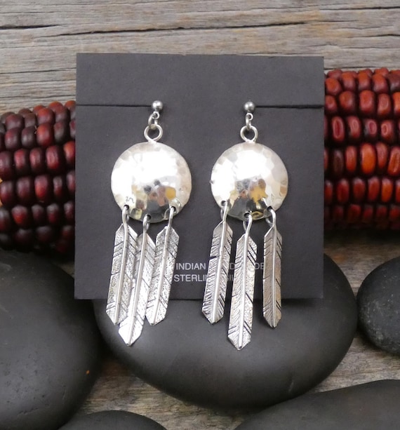 Native American Navajo 925 Sterling Silver Concho Feather Dangle Earrings, Earrings For Mom