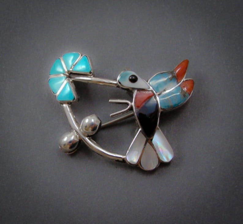 Zuni Sterling Silver Turquoise Multi Stone Hummingbird Brooch Pin Native American Indian Jewelry Hummingbird Pin