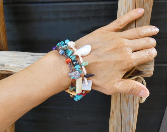 Santo Domingo Turquoise Multi Stone Nugget Treasure Bracelet, Boho Turquoise Bead Bracelet, Fetish Bracelet Gift For Women
