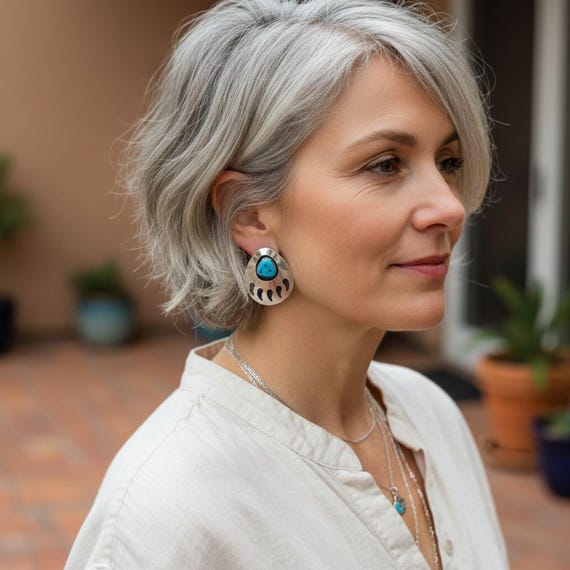 Navajo Turquoise Earrings: Large Silver Bear Paw Shadow Box Turquoise Drop Earrings For Women