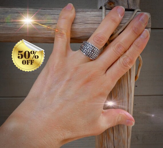 Wide Band Ring, 925 Sterling Silver Right Hand Thick Band Ring, Diamond Cut Anniversary Ring, Gift-For-Wife, Made in USA, Size 5.75