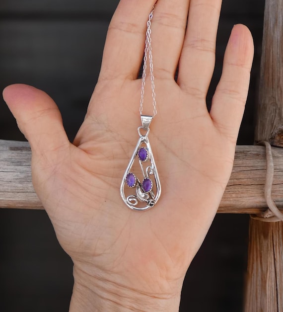 Native American Navajo Teardrop Amethyst Pendant & Sterling Silver 18" Chain