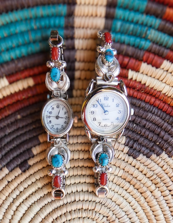 Navajo Vintage Turquoise Coral Silver Rose Leaf Women's Watch Band, Vintage