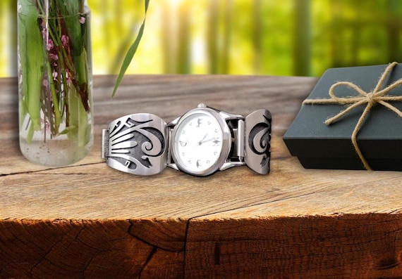 Watch for Man, Hopi Coyote Men’s Sterling Silver Watch Band, Vintage Native American Watch for Dad