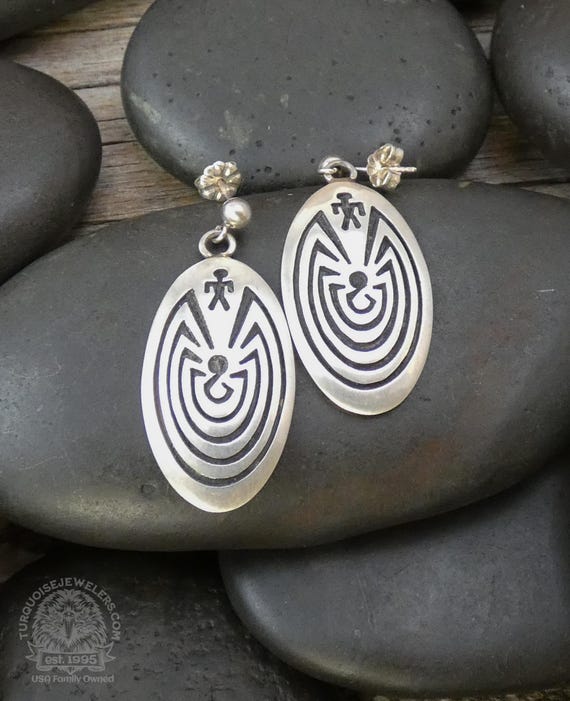 Hopi Man in Maze Sterling Silver Dangle Earrings By Fernando Puhuhefvaya, Jewelry For Wife