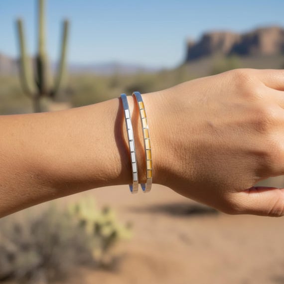 Zuni Bracelet: Mother of Pearl (White or Yellow) Inlay Cuff Bracelet Sterling Silver