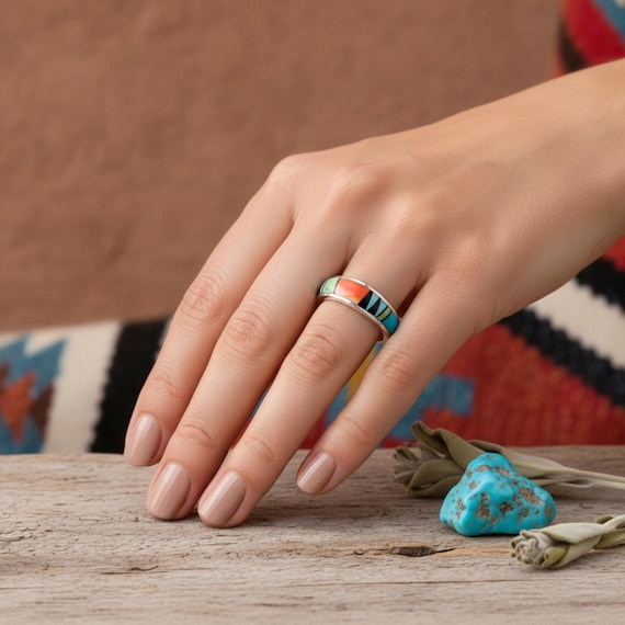 Navajo Turquoise Band: Silver Multi Inlay Size 5.5 - 9.5 Native American Anniversary Ring
