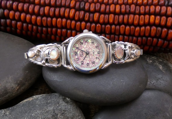 Navajo Silver Pink Mussel Shell Leaf Scroll Women's Watch Band Gift For Her