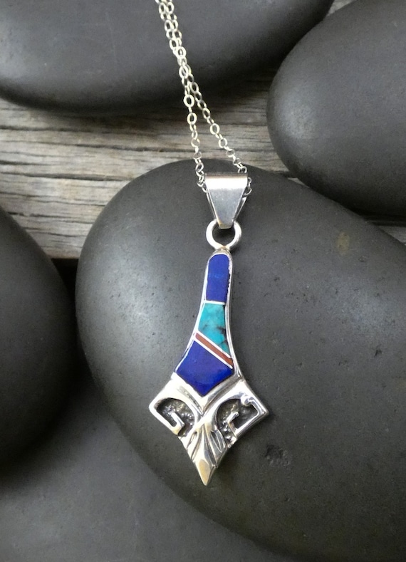 Native American Navajo 925 Sterling Silver Lapis Turquoise Multi Inlay Pendant, Gift For Her