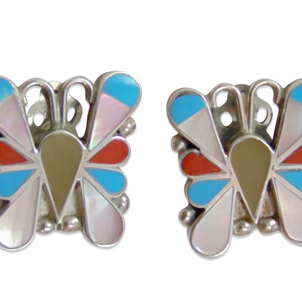 Native American Zuni Turquoise Multi Inlay Butterfly Clip On Earrings, Gift For Mom, Butterfly Jewelry