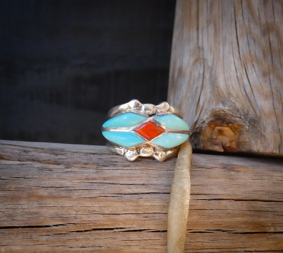 Zuni Turquoise Inlay Band: Sterling Silver Native American Anniversary Wedding Ring Multiple Sizes