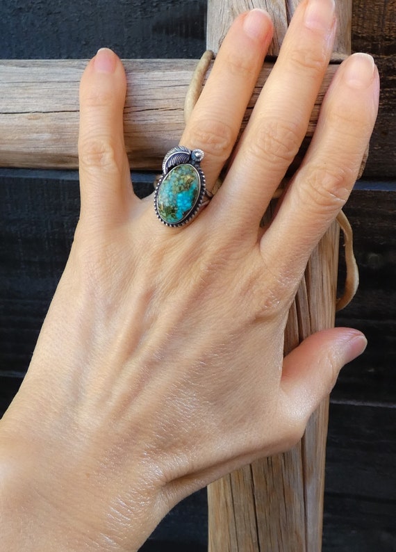 Native American Women's Navajo Silver Kingman Turquoise Ring Size 7.25, Gift For Her