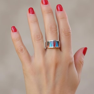 Native American Opal Onyx Inlay Band Ring Size 8.5 / Unique Wedding Band