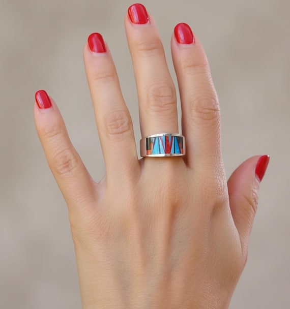 Native American Red Blue Fire Opal Onyx Inlay Band Ring Size 8.5