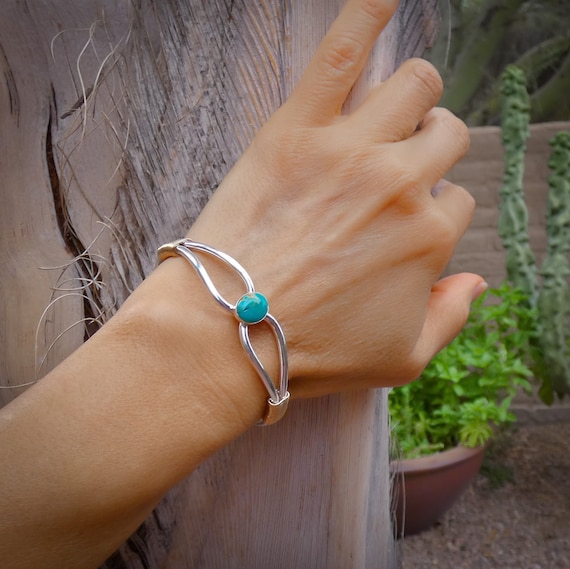 Native American Navajo 12KGF Turquoise Sterling Silver Cuff Bracelet, Handmade Jewelry Gift For Her