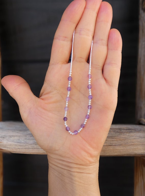 Liquid Silver Amethyst Bead Delicate Choker Necklace 16 inches, Gift For Her