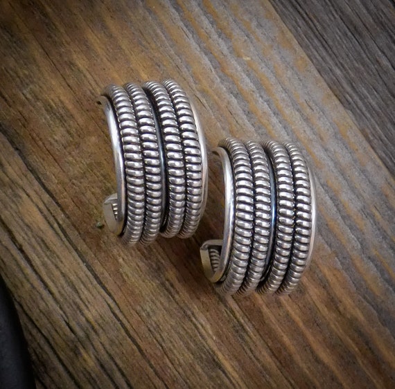 Native American Navajo 925 Sterling Silver Coil Hoop Post Earrings, Handmade Jewelry Gift For Her