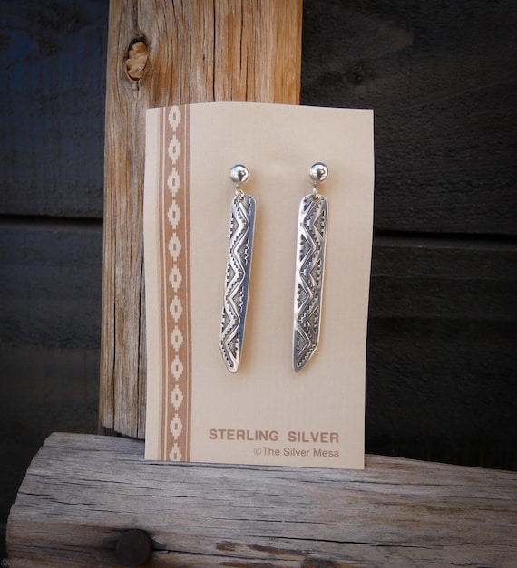 Native American Silver Earrings: Navajo Hand Stamped Dangle Earrings