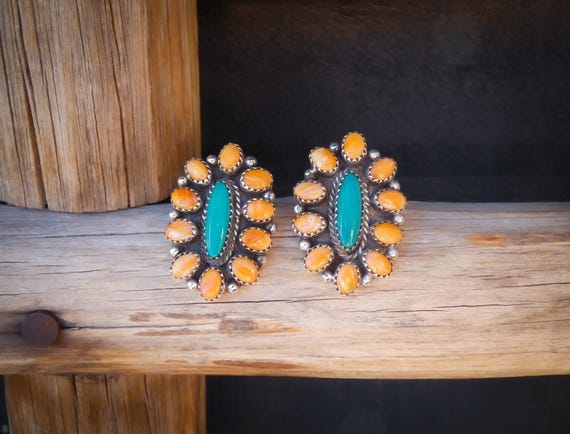 Navajo Spiny Oyster Turquoise Sterling Silver Cluster Post Earrings Signed Bahe