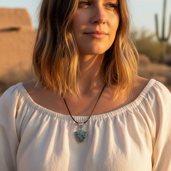 Natural Turquoise Inlay Sterling Silver Pendant, Navajo Native American Pendant Gift For Her