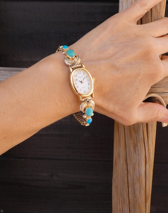 Turquoise Watch for Women: Native American Navajo 12KGF Silver Rose Leaf Vintage Watch Band