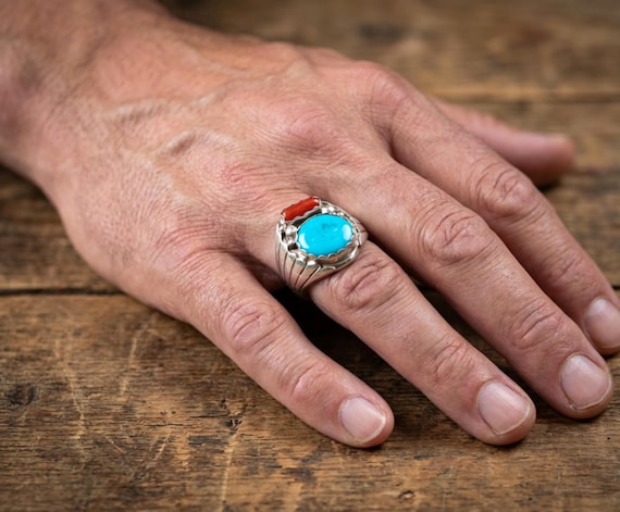 Navajo Turquoise Coral Sterling Silver Men's Ring Size 12