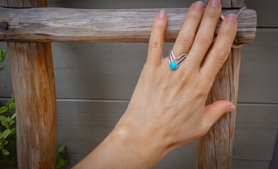 Native American Sterling Silver Turquoise Navajo Women's V Drop Ring, Jewelry Gift
