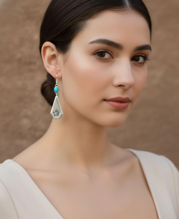 Navajo Turquoise Earrings: Native American Sterling Silver Bear Paw Dangle Earrings