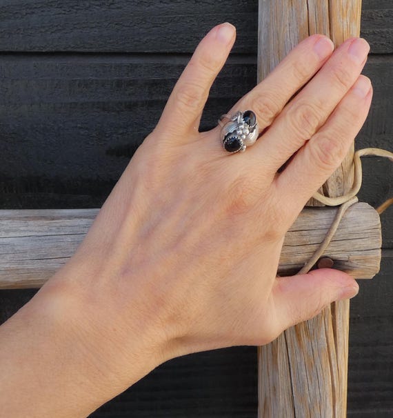 Native American Silver Onyx Leaf & Scroll Ring Size 6, Ring For Women