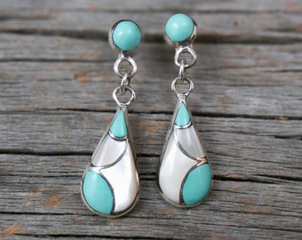 Zuni Turquoise Mother of Pearl Inlay Sterling Silver Dangle Earrings, Handmade Gift