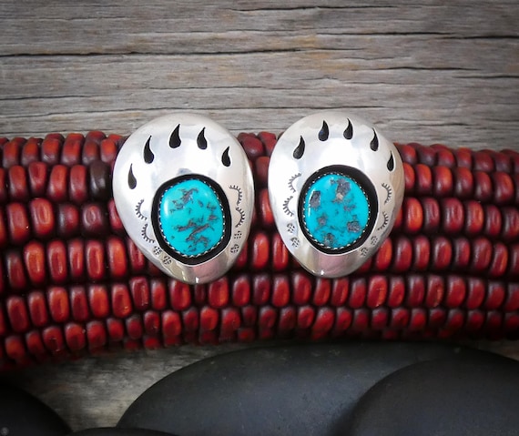 Navajo Turquoise Earrings: Native American Silver Shadowbox Bear Paw Post Earrings by Ted Goodluck