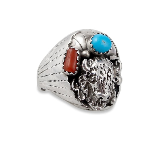 Men's Navajo Vintage Sterling Silver Turquoise Coral Buffalo Men's Ring Size 12
