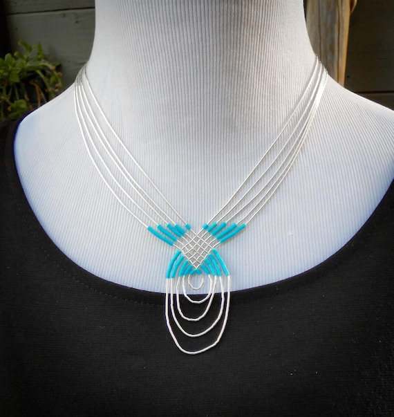 Turquoise Liquid Silver 5 Strand Necklace and Multi Inlay Beads